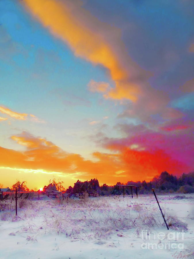 Sunset Fire and  snow Photograph by Priscilla Batzell Expressionist Art Studio Gallery