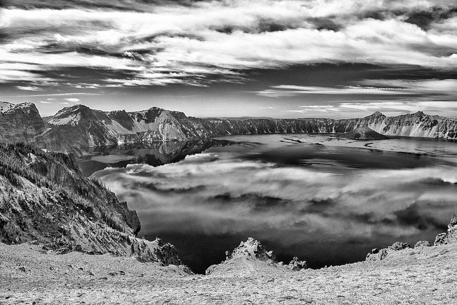 Sky Reflections In Crater Lake B W Photograph by Frank Wilson