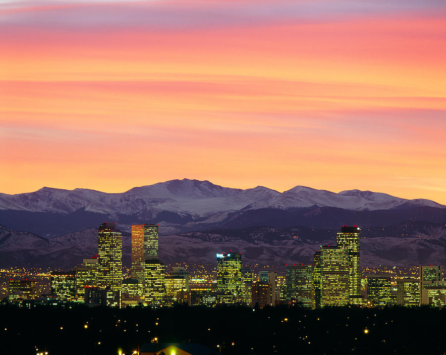 Denver Photograph - Skyline And Mountains At Dusk, Denver by Panoramic Images