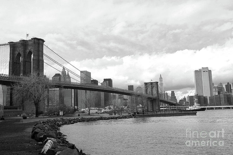 Skyline NYC Brooklyn Bridge BW Photograph by Chuck Kuhn