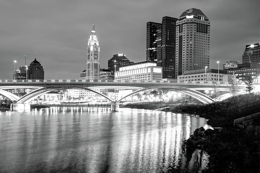 Columbus Photograph - Skyline of Columbus Ohio at Night - Black and White by Gregory Ballos