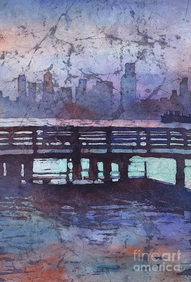 Skyline of downtown Seattle, Washington at dusk.  Watercolor bat Painting by Ryan Fox