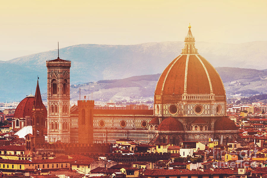 Skyline of Florence, Italy. Cathedral of Saint Mary of the Flowers at sunset. Photograph by Michal Bednarek