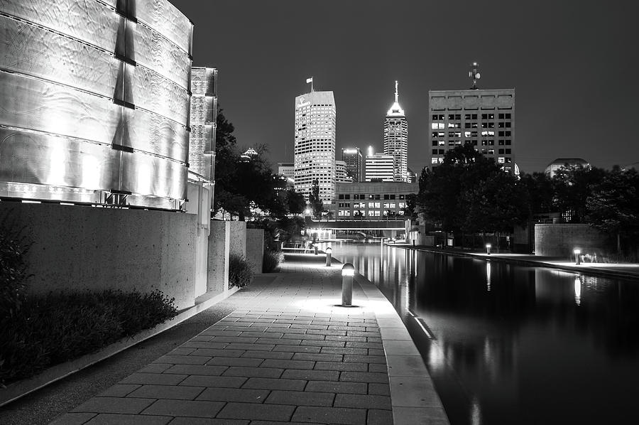 Skyline of Indianapolis Indiana from the Canal Walk - Black and White Photograph by Gregory Ballos