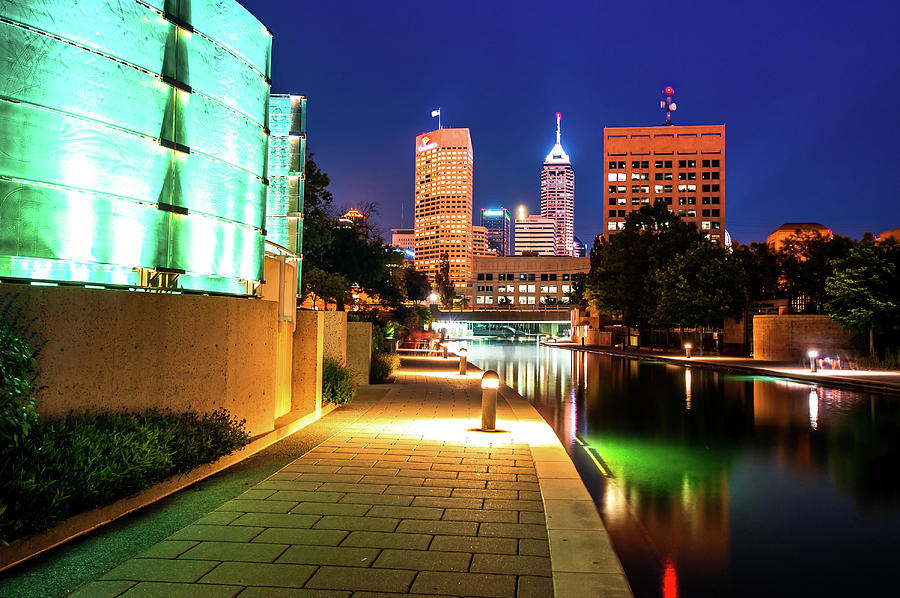 Skyline Photograph - Skyline of Indianapolis Indiana from the Canal Walk by Gregory Ballos