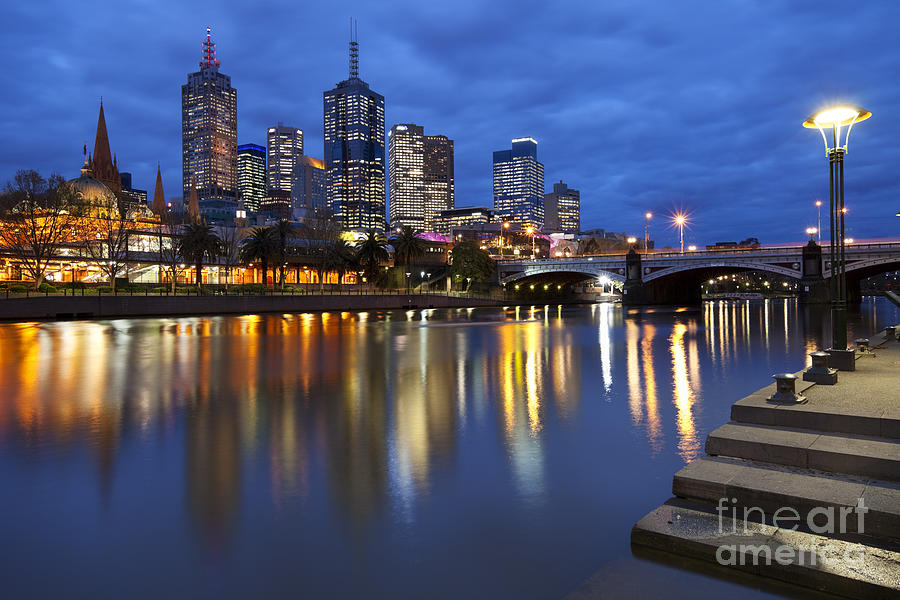 Architecture Photograph - Skyline of Melbourne in Australia at night by Sara Winter