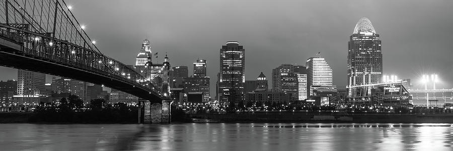 Cincinnati Reds Photograph - Skyline Panorama of Cincinnati Ohio - USA - Black and White by Gregory Ballos
