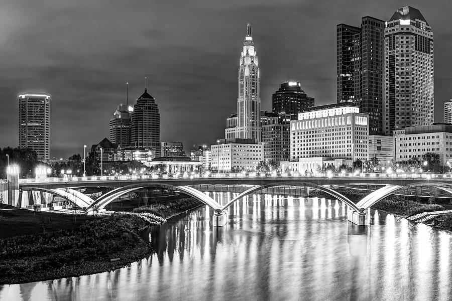 Skyline View of Downtown Columbus Ohio at Dusk - Black and White Photograph by Gregory Ballos