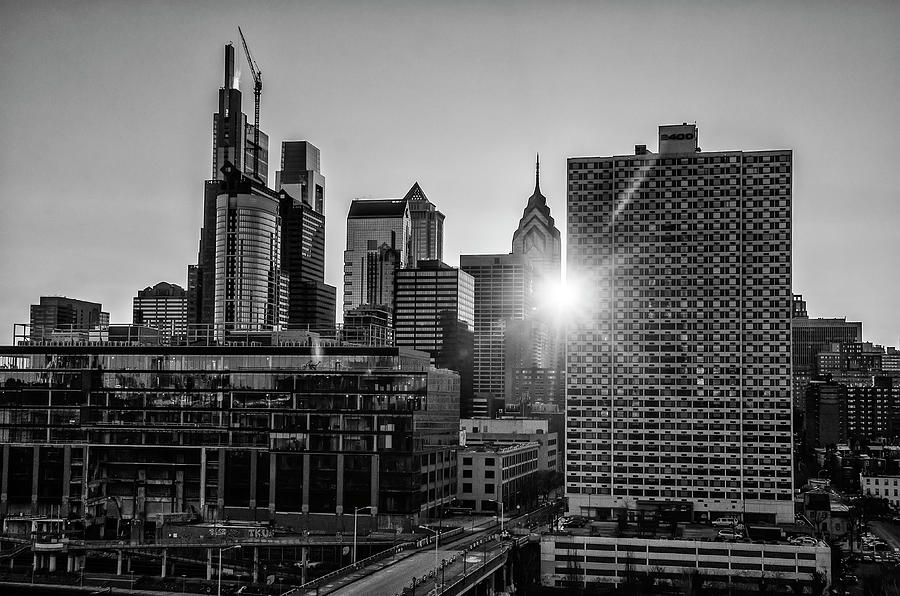 Skyscraper Sunrise - Philadelphia in Black and White Photograph by Bill Cannon