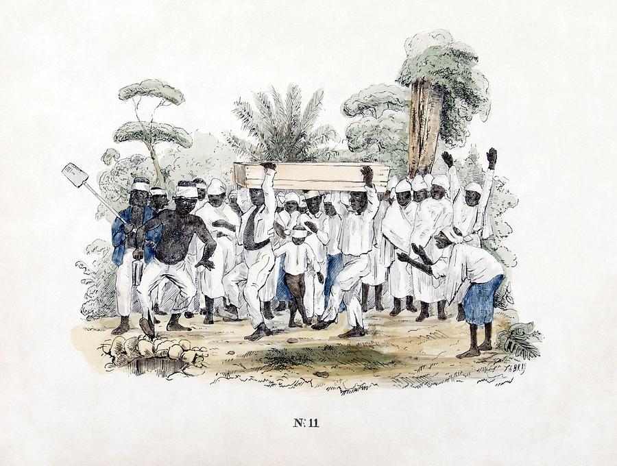 Slave funeral at plantation Suriname Colored litho Th Bray Painting by Celestial Images