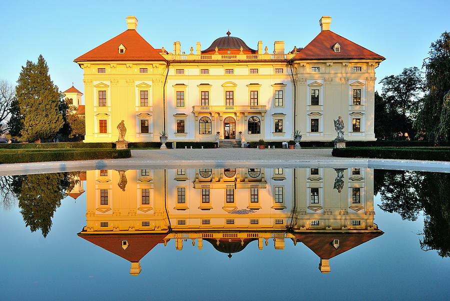 Slavkov Castle Reflected In Water Photograph