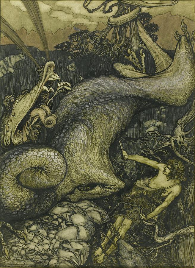 Slaying Dragon Painting by Arthur Rackham