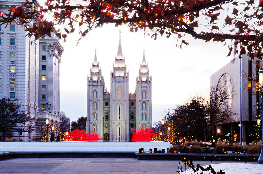 Christmas Lights Photograph - SLC Temple Red and White by La Rae  Roberts