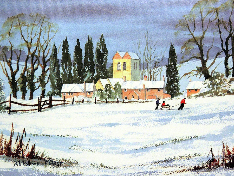 Winter Painting - Sledding With Dad by Bill Holkham