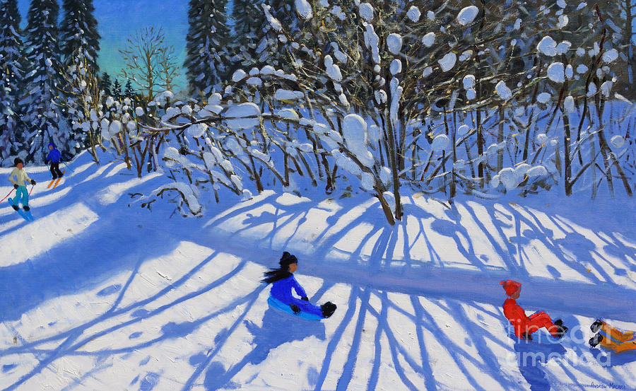 Sledging and skiing down the trail Painting by Andrew Macara