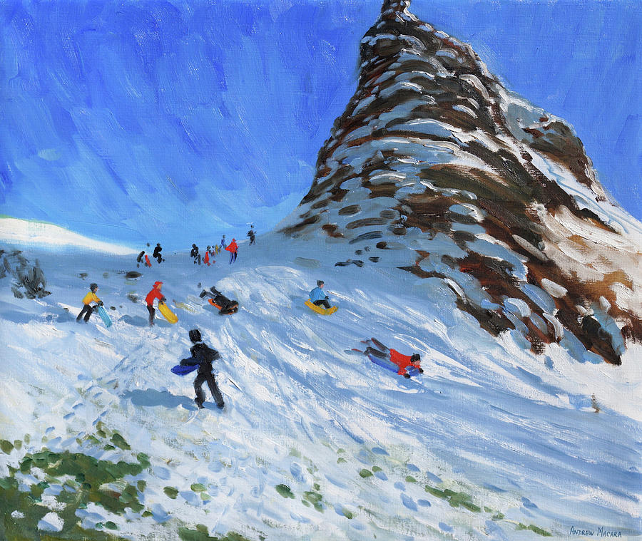 Winter Painting - Sledging, Chrome Hill, Derbyshire, Peak District by Andrew Macara