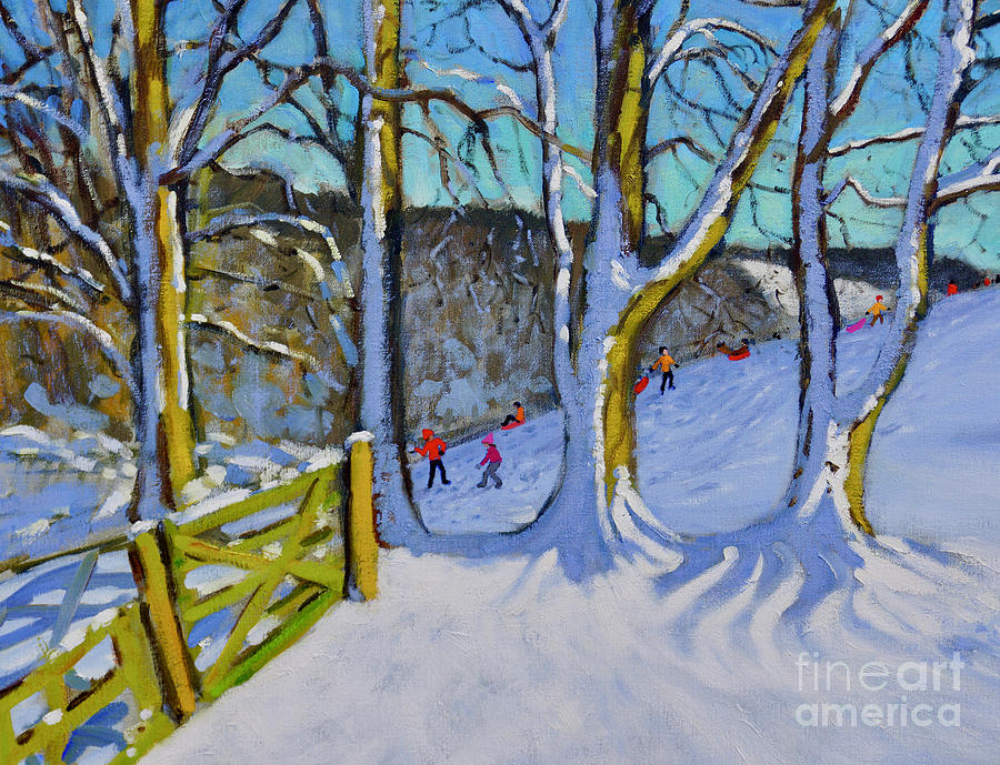 Winter Painting - Sledging, Dam Lane, Derbyshire by Andrew Macara
