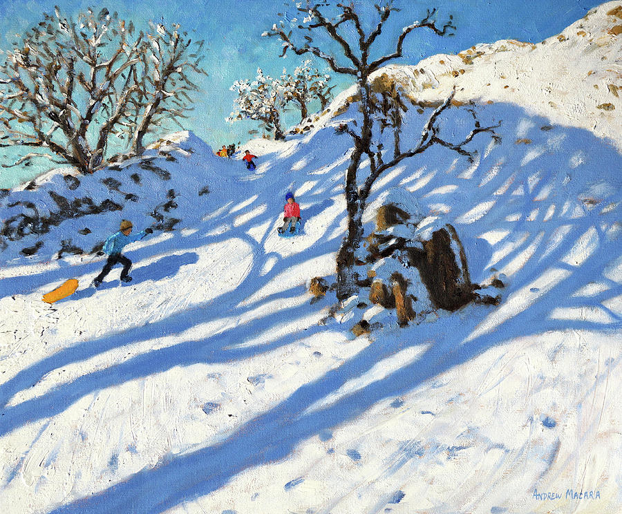 Winter Painting - Sledging, Glutton Bridge, Buxton, Derbyshire by Andrew Macara