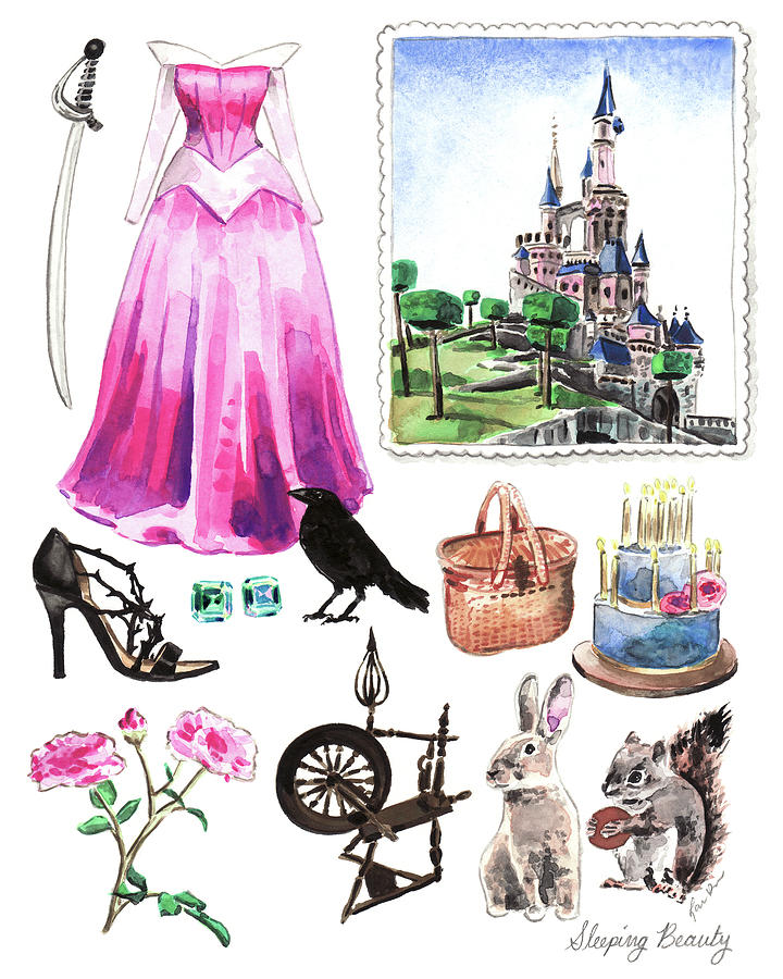 Crow Painting - Sleeping Beauty Aurora Costume Watercolor Disney Princess Castle Dress Classic Disney World by Laura Row