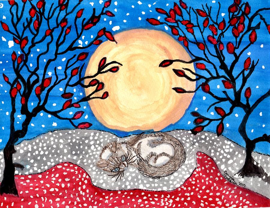 Sleeping Cat And Jagged Moon Painting by Connie Valasco