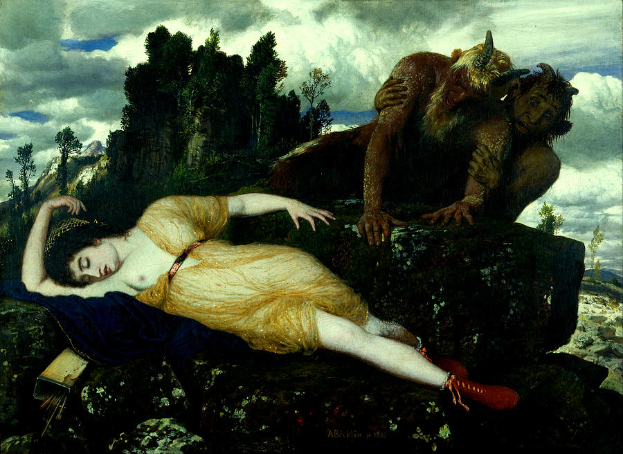 Arnold Painting - Sleeping Diana Studied by two Fauns by Arnold Bocklin