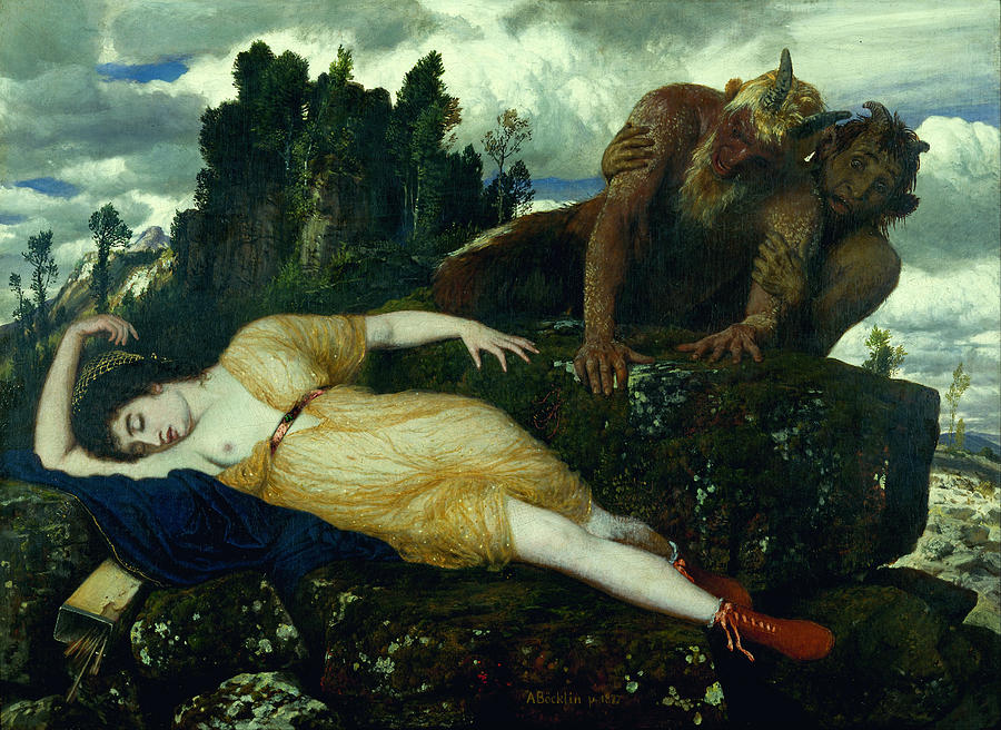 Sleeping Diana watched by two Fauns Painting by Arnold Boecklin