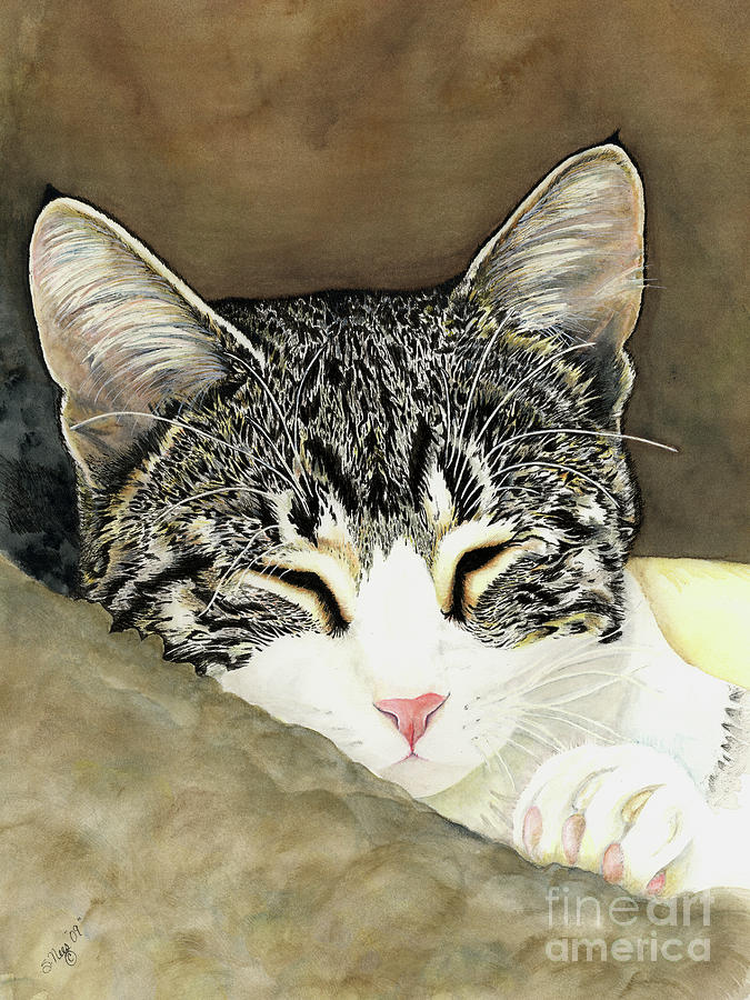 Sleeping Mia Cat Painting by Shari Nees