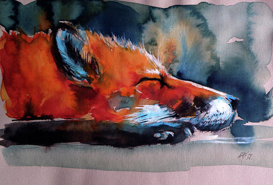 Winter Painting - Sleeping red fox by Kovacs Anna Brigitta