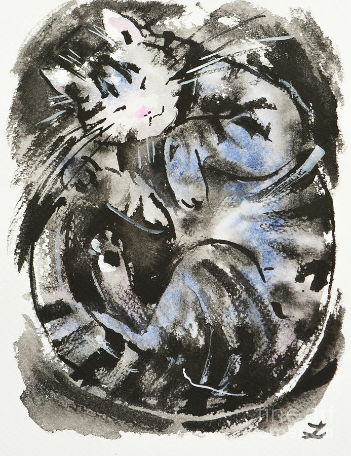 Sleeping Tabby Cat Painting by Zaira Dzhaubaeva