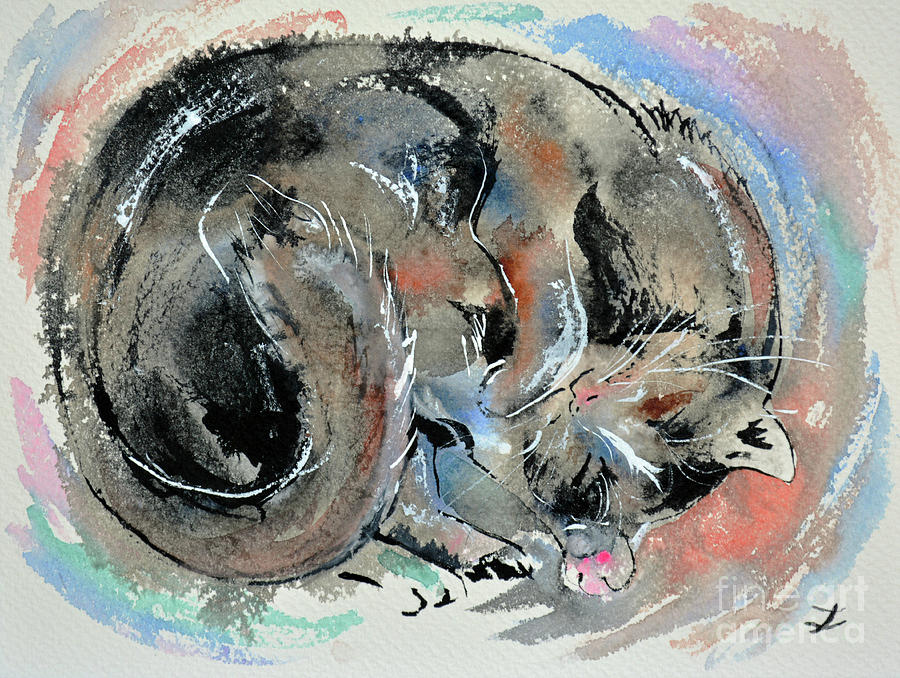 Sleeping Tortoiseshell Cat Painting by Zaira Dzhaubaeva