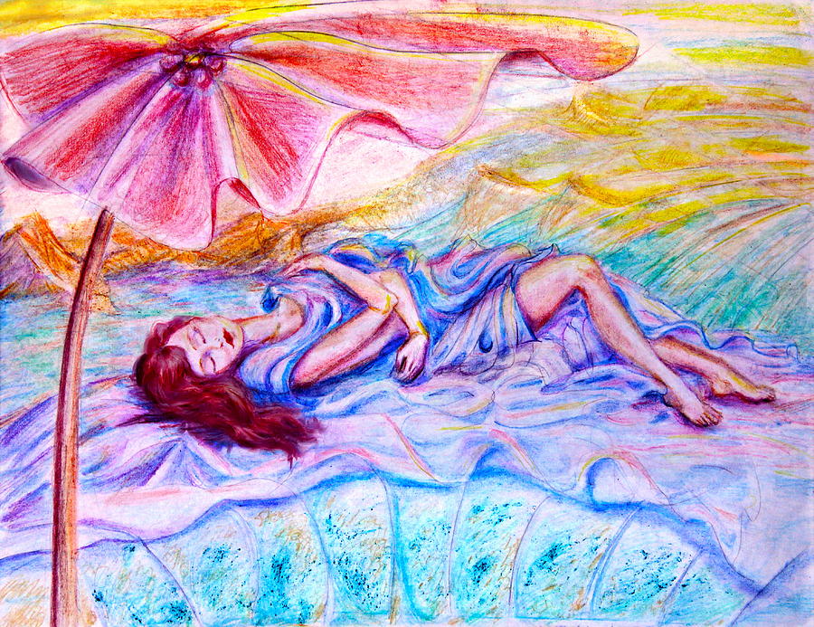 Sleeping under umbrella Drawing by Yelena Rubin