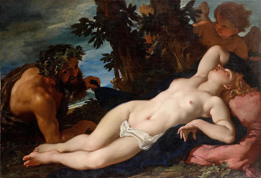 Sleeping Venus unveiled by a Satyr Painting by Daniel Seiter