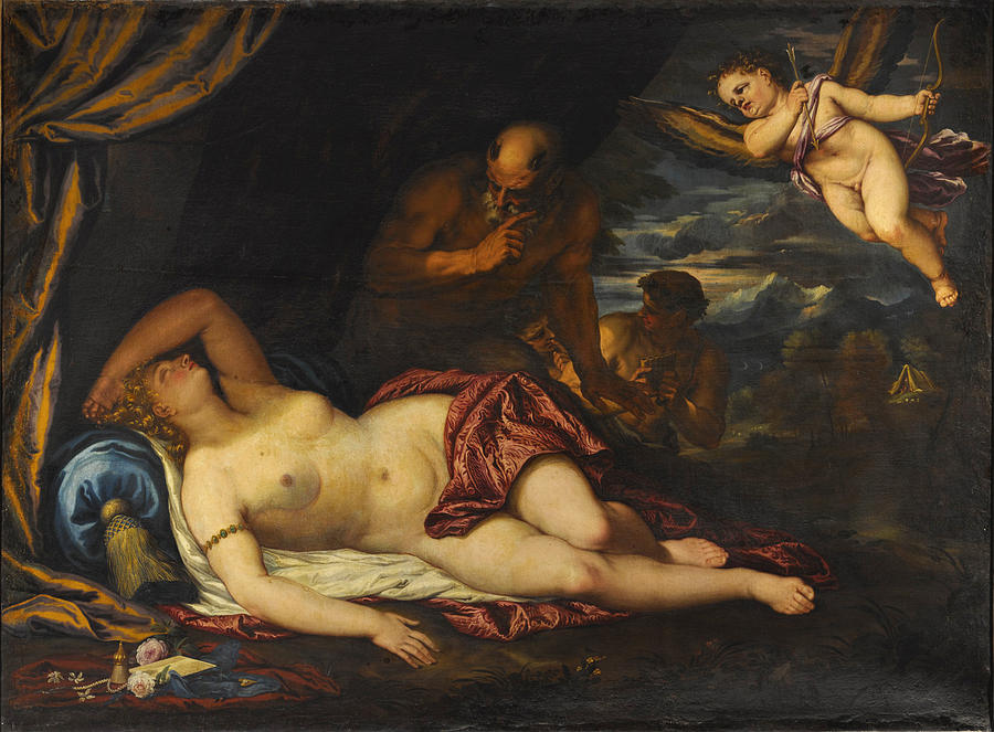 Sleeping Venus with Cupid and a Satyr a Landscape beyond Painting by Valentin Lefevre
