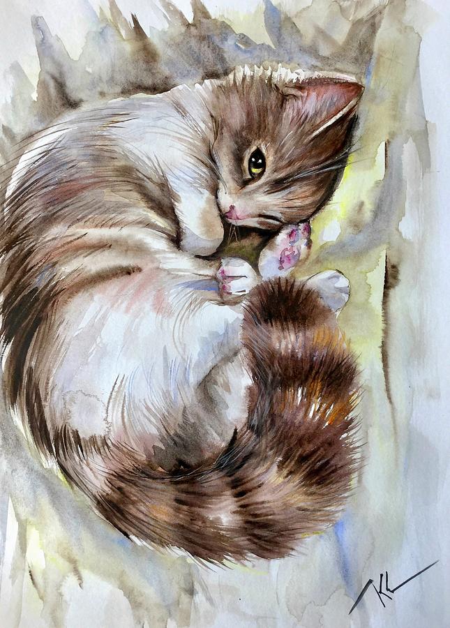 Sleepy cat 2 Painting by Katerina Kovatcheva