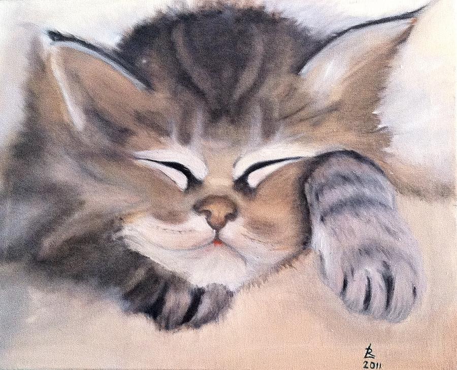 Sleepy Kitten Painting by Ryszard Ludynia