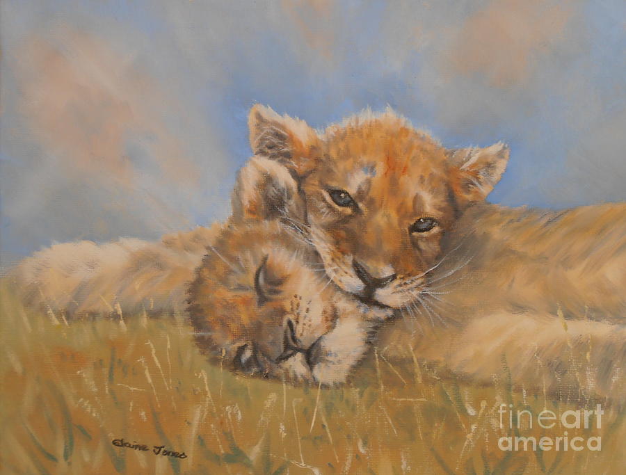 Wildlife Painting - Sleepy Lion Cubs by Elaine Jones