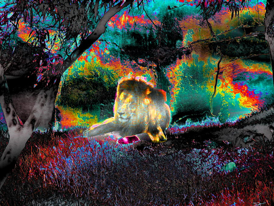 Lion Photograph - Sleepy Lion in a Surreal Fantasy Landscape by Abstract Angel Artist Stephen K