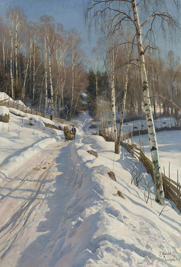 Sleigh ride on a sunny winter day Painting by Peder Monsted