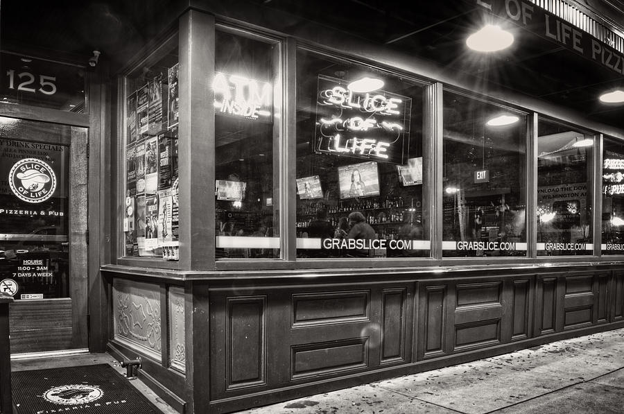 Slice Of Life Pizza Photograph - Slice Of Life In Wilmington North Carolina in Black and White by Greg and Chrystal Mimbs