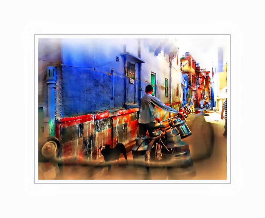 Summer Photograph - Slice of Life Milkman Blue City Houses India Rajasthan 1a by Sue Jacobi