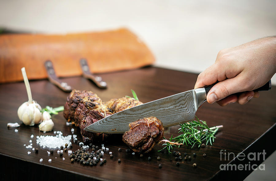 Slicing Organic Roast Beef Roll On Wood Table With Ingredients Photograph by JM Travel Photography