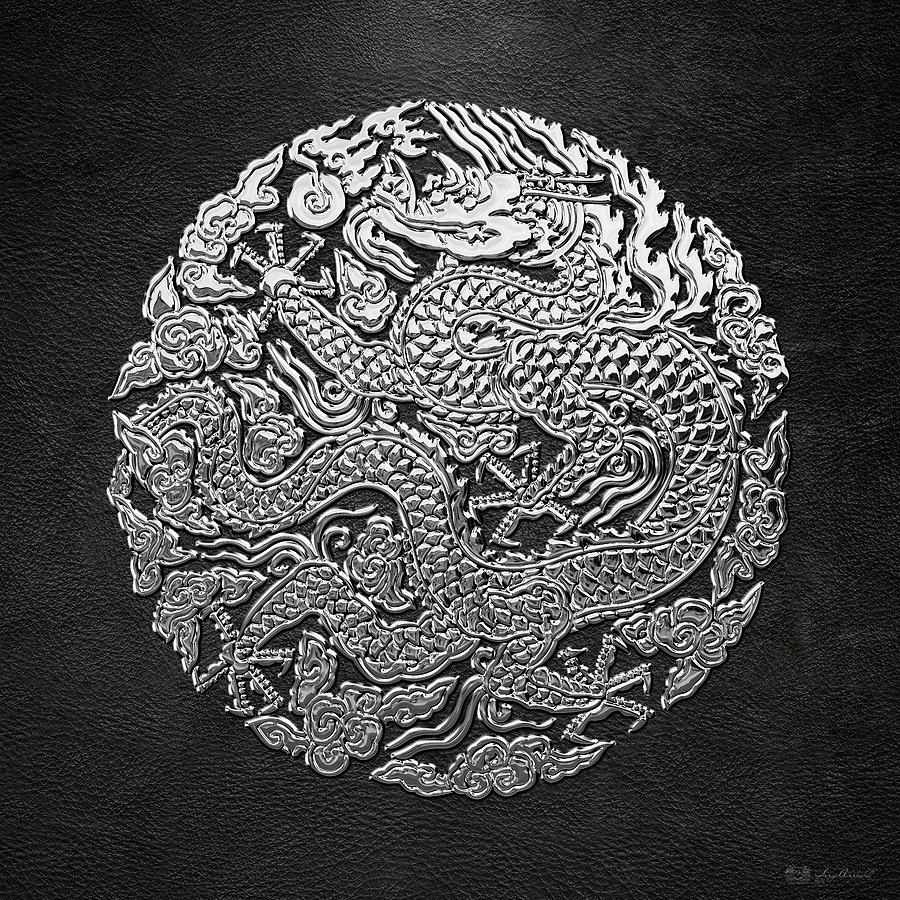 Sliver Chinese Dragon on Black Leather Digital Art by Serge Averbukh