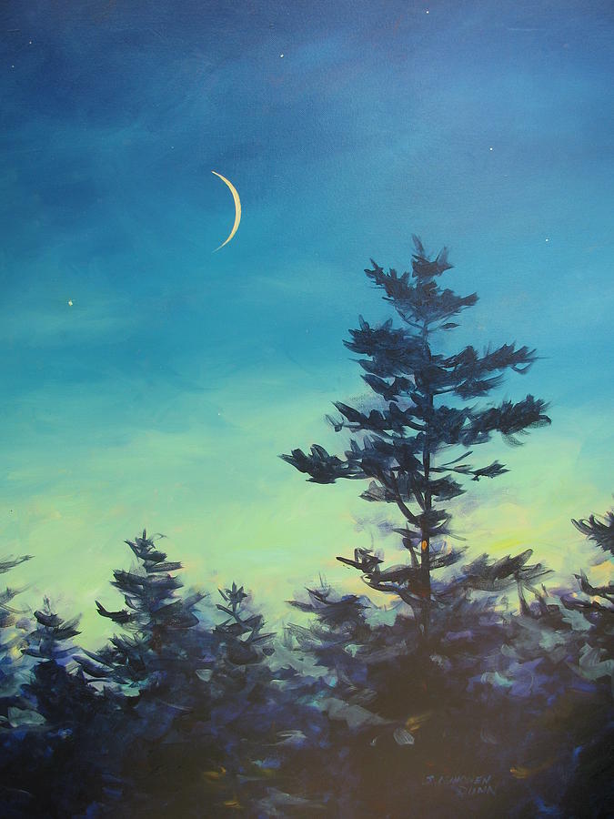 Sliver Moon and Pines Painting by Sandra Leinonen Dunn - Fine Art America