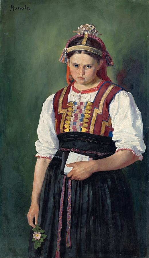 Slovak girl in costume, Jozef Hanula, ca 1910 Painting by Vincent Monozlay