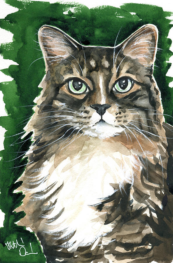 Sly / Fluffy Tabby Cat Portrait Painting by Dora Hathazi Mendes