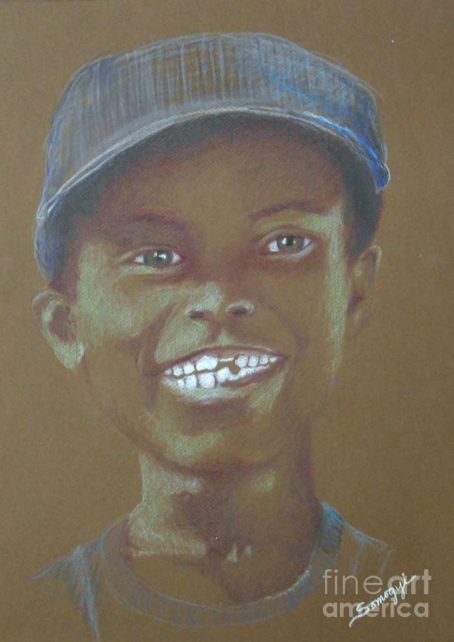 Small Boy, Big Grin -- Retro Portrait of Black Boy Drawing by Jayne Somogy