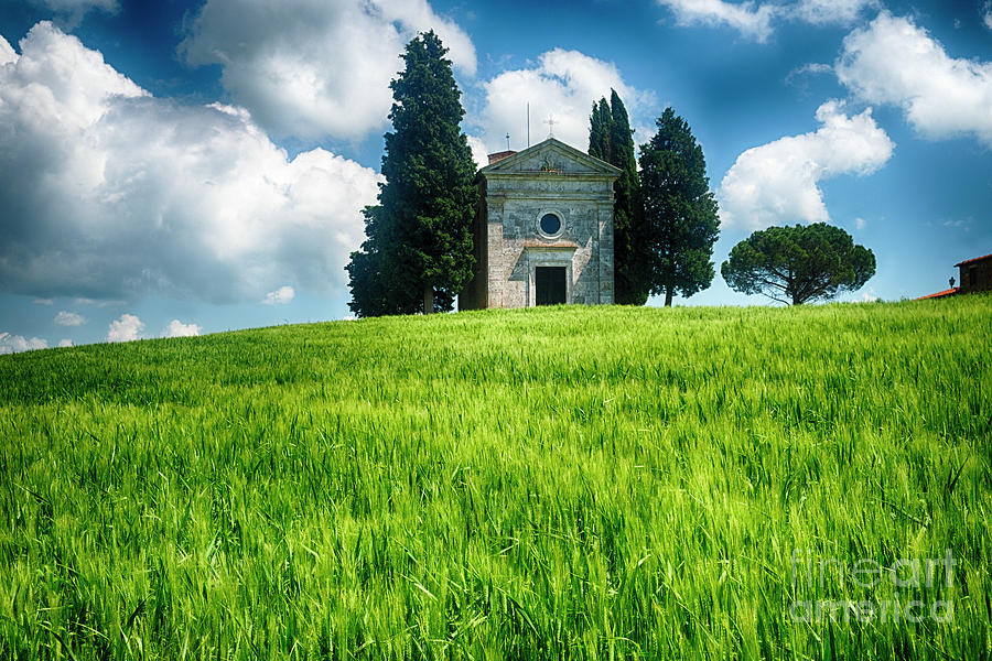 Small Chapel in a Tuscan Wheat Field Surrounded by Cypress Trees Photograph by George Oze