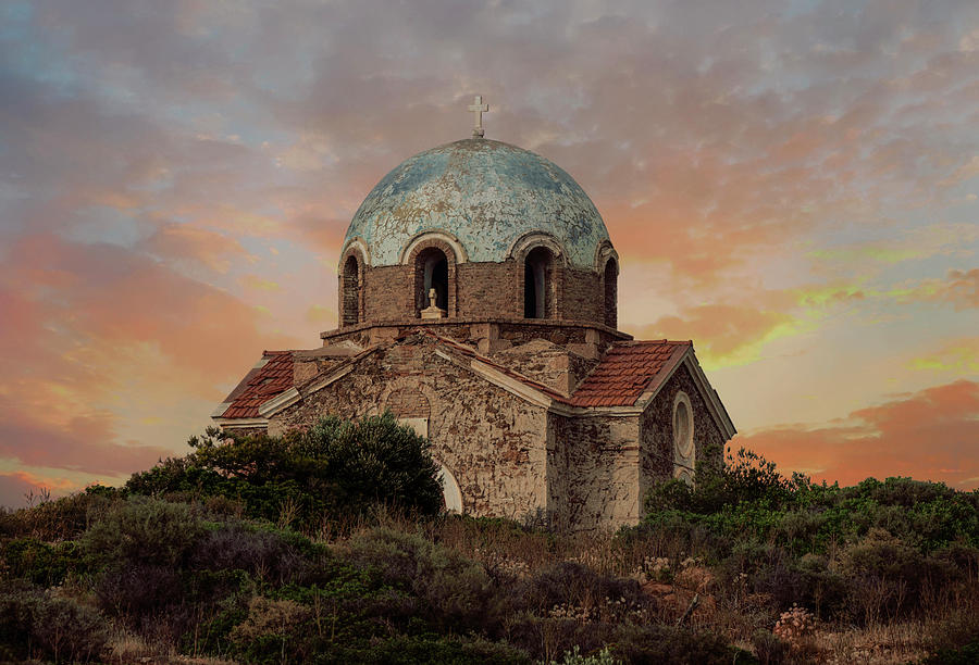 Small church in Sunion Photograph by Jaroslaw Blaminsky
