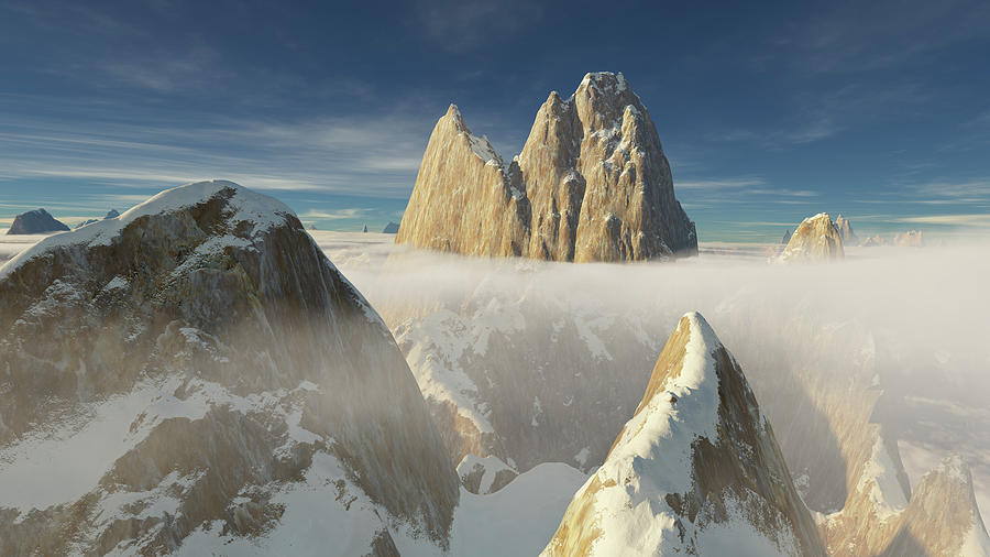 Small peak with snow covered ridge in front of giant Patagonia summit Digital Art by Erik Tanghe