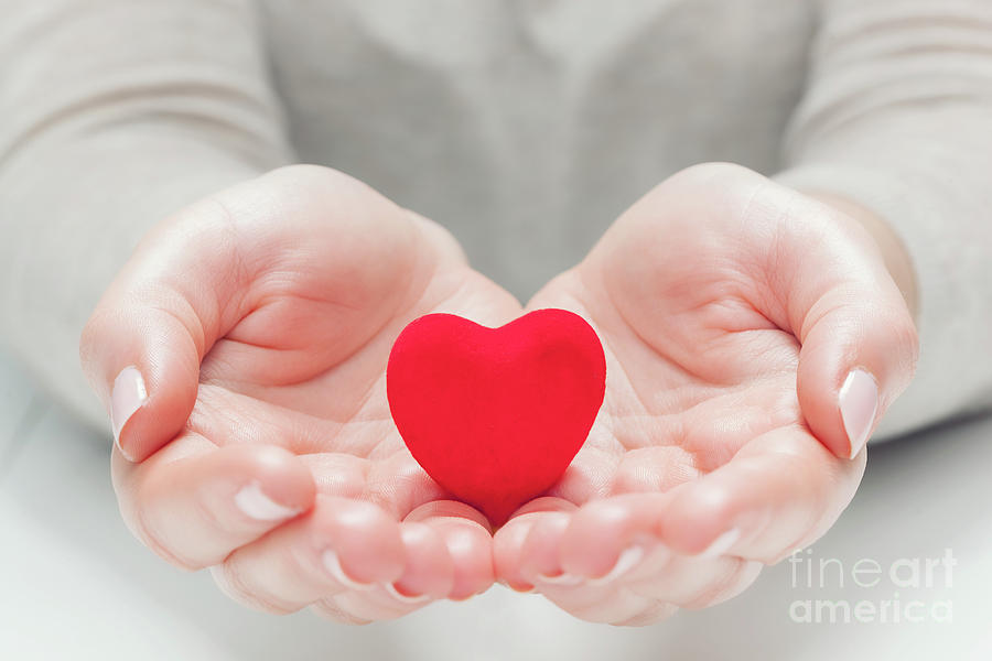 Small red heart in womans hands in a gesture of giving, protecting Photograph by Michal Bednarek